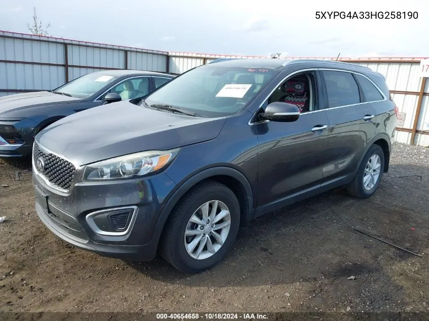 2017 Kia Sorento 2.4L Lx VIN: 5XYPG4A33HG258190 Lot: 40654658