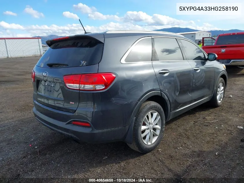 2017 Kia Sorento 2.4L Lx VIN: 5XYPG4A33HG258190 Lot: 40654658