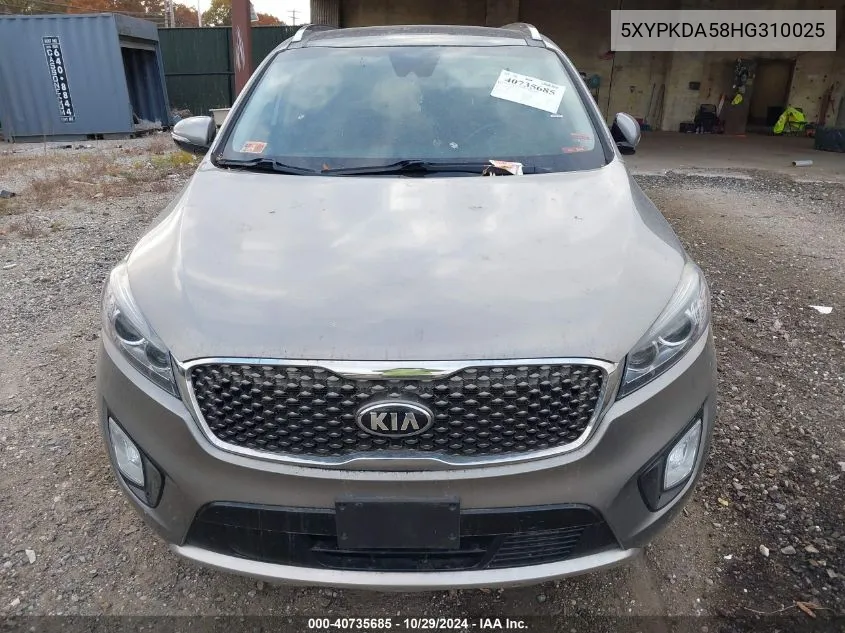 2017 Kia Sorento 3.3L Sx VIN: 5XYPKDA58HG310025 Lot: 40735685