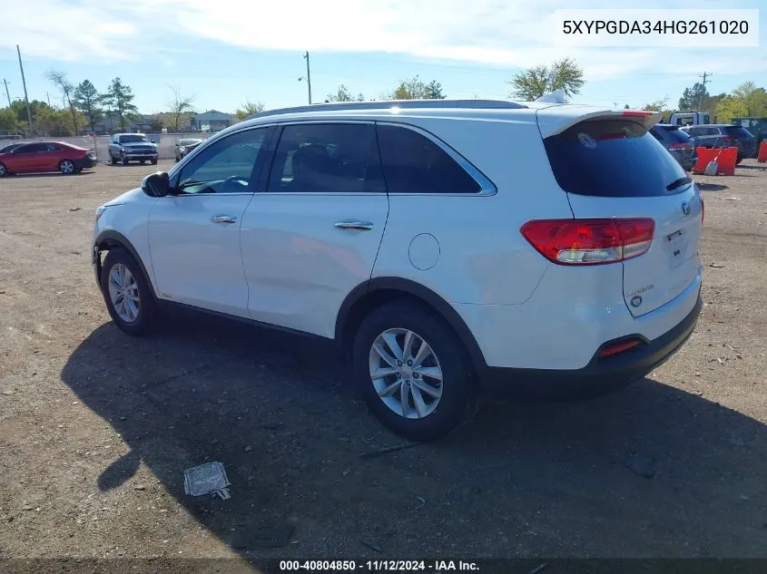 2017 Kia Sorento 2.4L Lx VIN: 5XYPGDA34HG261020 Lot: 40804850