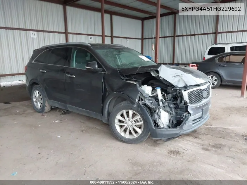 2017 Kia Sorento 3.3L Lx VIN: 5XYPG4A51HG229692 Lot: 40811592