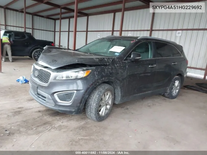 2017 Kia Sorento 3.3L Lx VIN: 5XYPG4A51HG229692 Lot: 40811592