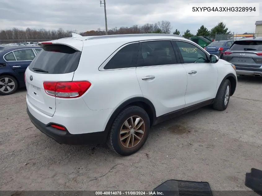 2017 Kia Sorento 2.4L Lx VIN: 5XYPG4A3XHG328994 Lot: 40814075