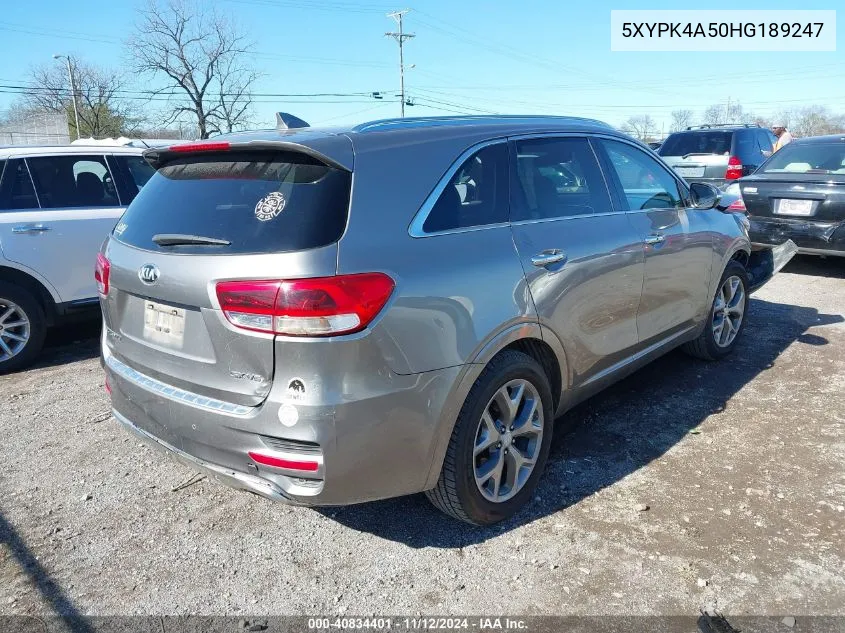 2017 Kia Sorento 3.3L Sx VIN: 5XYPK4A50HG189247 Lot: 40834401