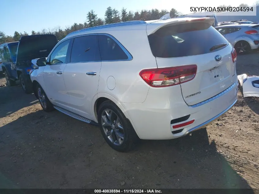 2017 Kia Sorento 3.3L Sx VIN: 5XYPKDA5XHG204594 Lot: 40838594