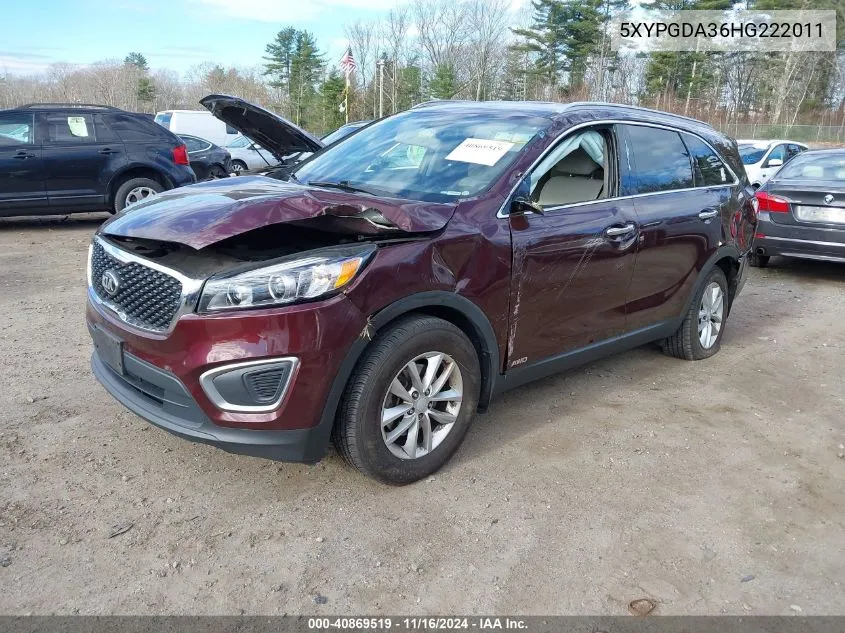 2017 Kia Sorento 2.4L Lx VIN: 5XYPGDA36HG222011 Lot: 40869519