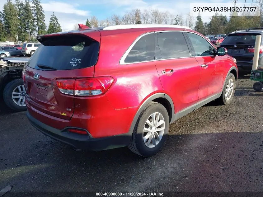 2017 Kia Sorento 2.4L Lx VIN: 5XYPG4A38HG267757 Lot: 40908680