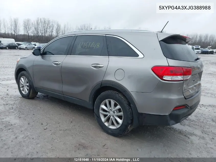 2018 Kia Sorento VIN: 5XYPG4A3XJG388988 Lot: 12151648