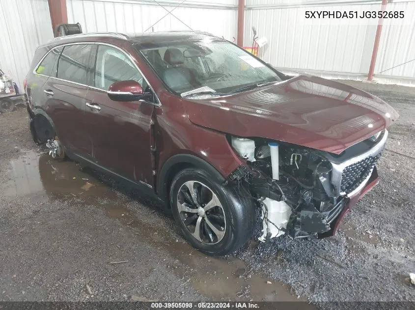 2018 Kia Sorento 3.3L Ex VIN: 5XYPHDA51JG352685 Lot: 39505098