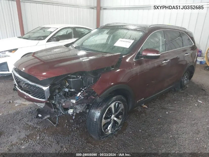 2018 Kia Sorento 3.3L Ex VIN: 5XYPHDA51JG352685 Lot: 39505098