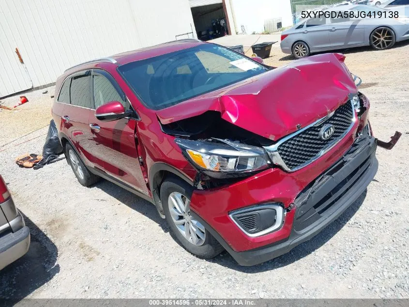 2018 Kia Sorento 3.3L Lx VIN: 5XYPGDA58JG419138 Lot: 39514596