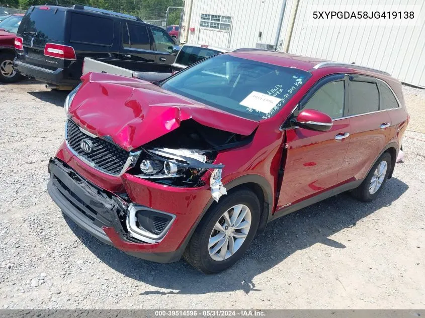 2018 Kia Sorento 3.3L Lx VIN: 5XYPGDA58JG419138 Lot: 39514596