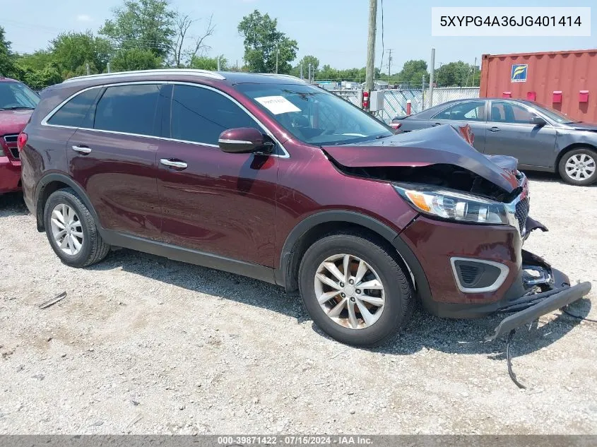 2018 Kia Sorento 2.4L Lx VIN: 5XYPG4A36JG401414 Lot: 39871422