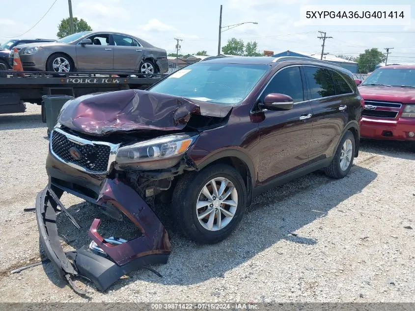 2018 Kia Sorento 2.4L Lx VIN: 5XYPG4A36JG401414 Lot: 39871422