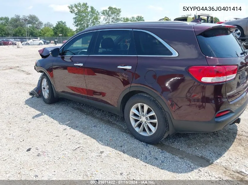 2018 Kia Sorento 2.4L Lx VIN: 5XYPG4A36JG401414 Lot: 39871422