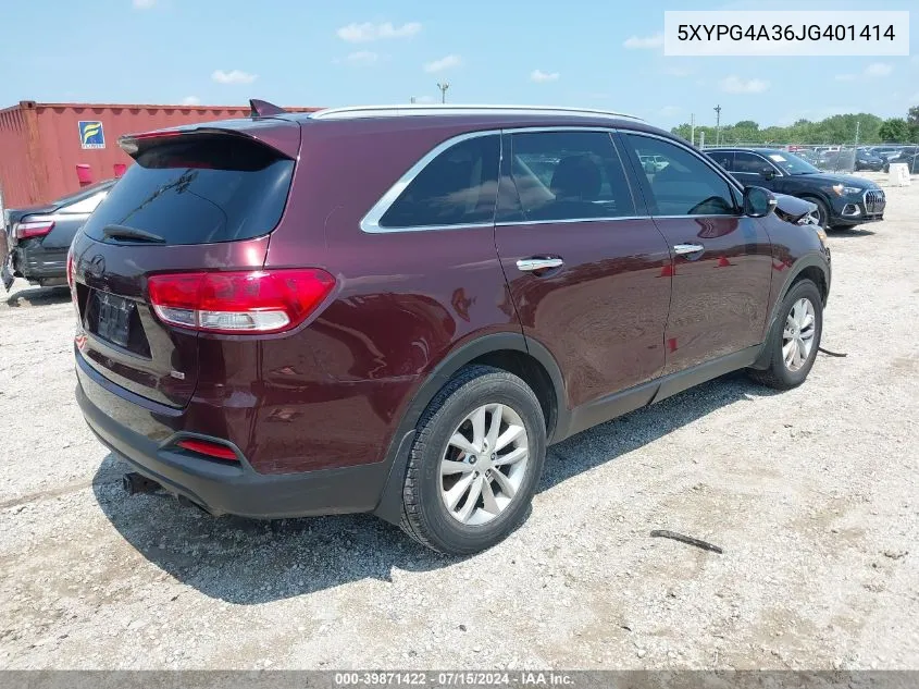 2018 Kia Sorento 2.4L Lx VIN: 5XYPG4A36JG401414 Lot: 39871422