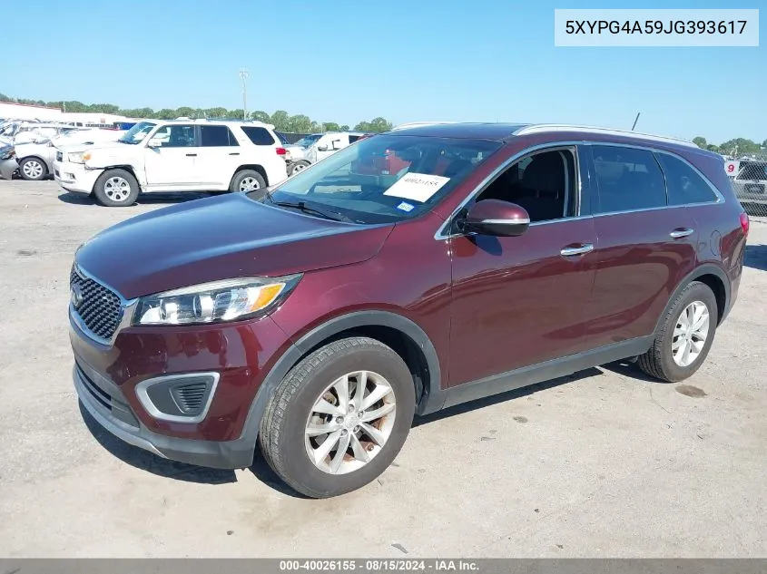 2018 Kia Sorento 3.3L Lx VIN: 5XYPG4A59JG393617 Lot: 40026155