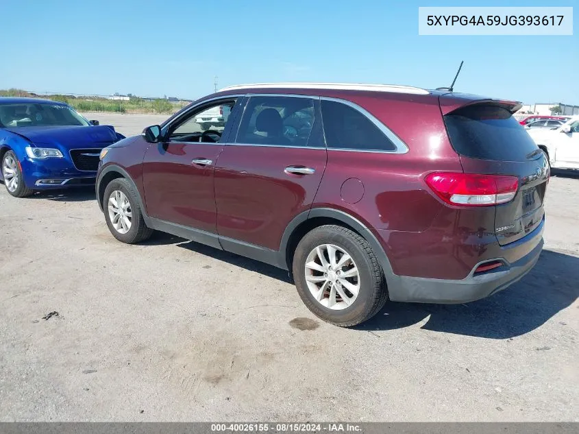 2018 Kia Sorento 3.3L Lx VIN: 5XYPG4A59JG393617 Lot: 40026155