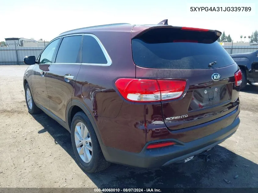 2018 Kia Sorento 2.4L Lx VIN: 5XYPG4A31JG339789 Lot: 40060010