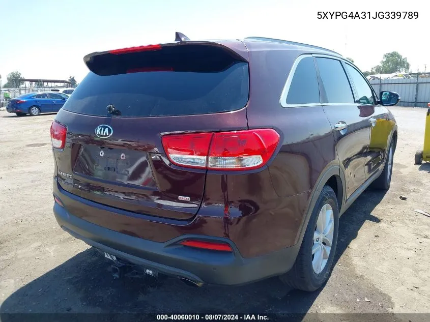 2018 Kia Sorento 2.4L Lx VIN: 5XYPG4A31JG339789 Lot: 40060010