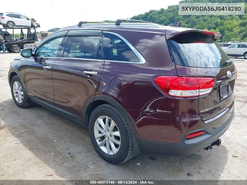 2018 Kia Sorento 3.3L Lx VIN: 5XYPGDA56JG418280 Lot: 40073149