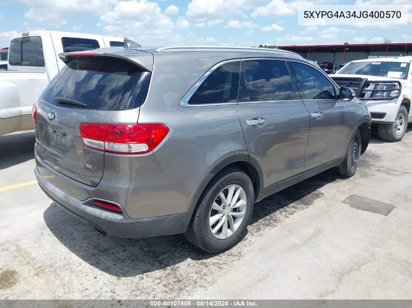 2018 Kia Sorento 2.4L Lx VIN: 5XYPG4A34JG400570 Lot: 40107805