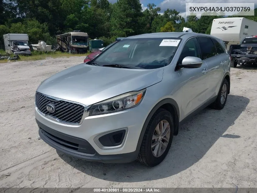 2018 Kia Sorento 2.4L L VIN: 5XYPG4A34JG370759 Lot: 40130981