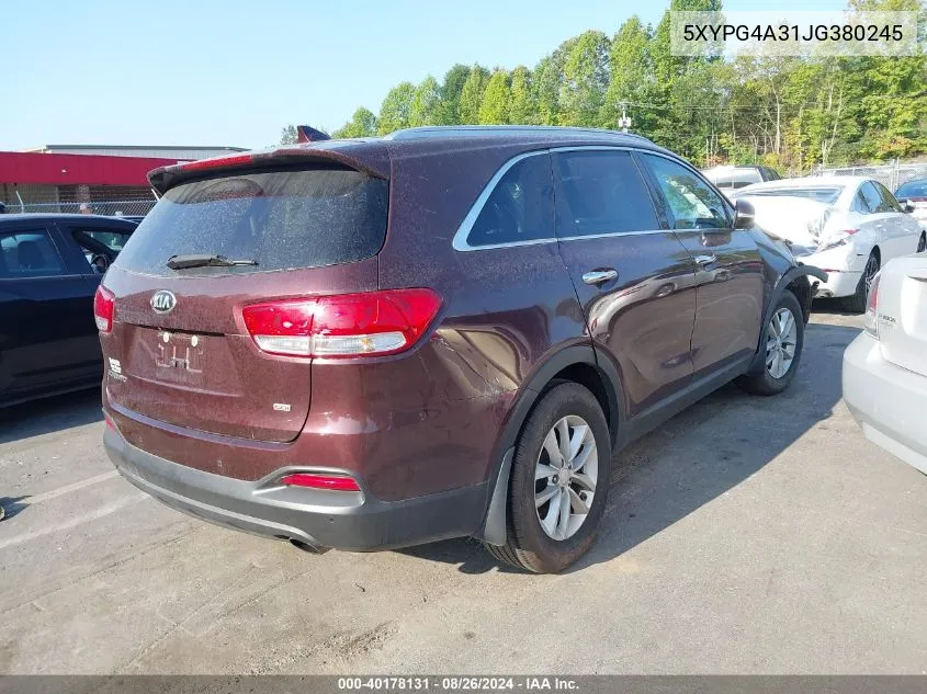 2018 Kia Sorento 2.4L Lx VIN: 5XYPG4A31JG380245 Lot: 40178131