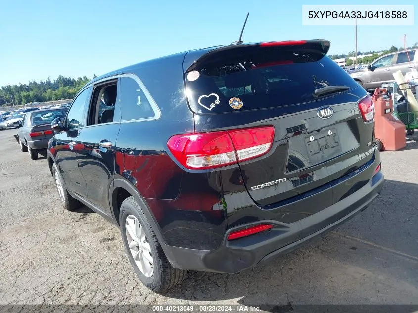 2018 Kia Sorento 2.4L L VIN: 5XYPG4A33JG418588 Lot: 40213049