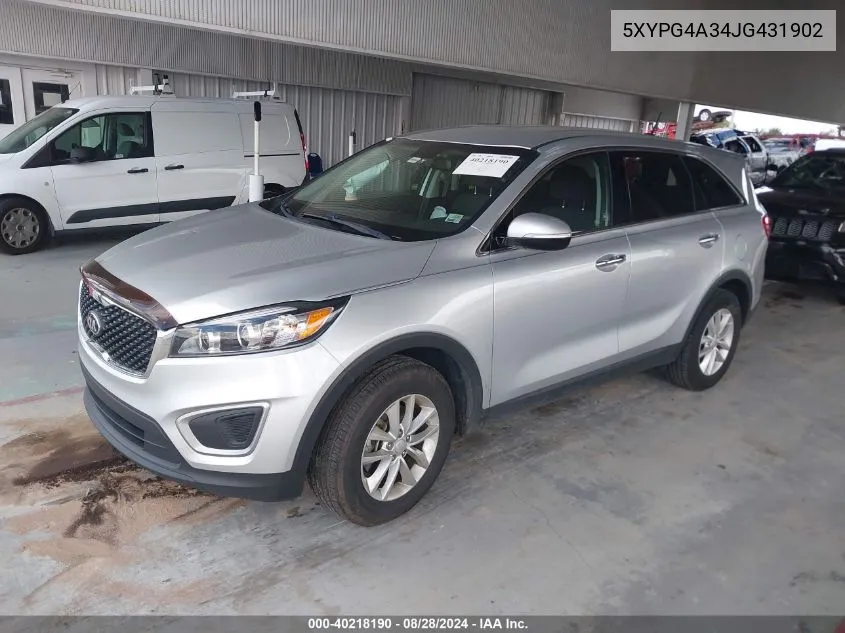 2018 Kia Sorento 2.4L L VIN: 5XYPG4A34JG431902 Lot: 40218190