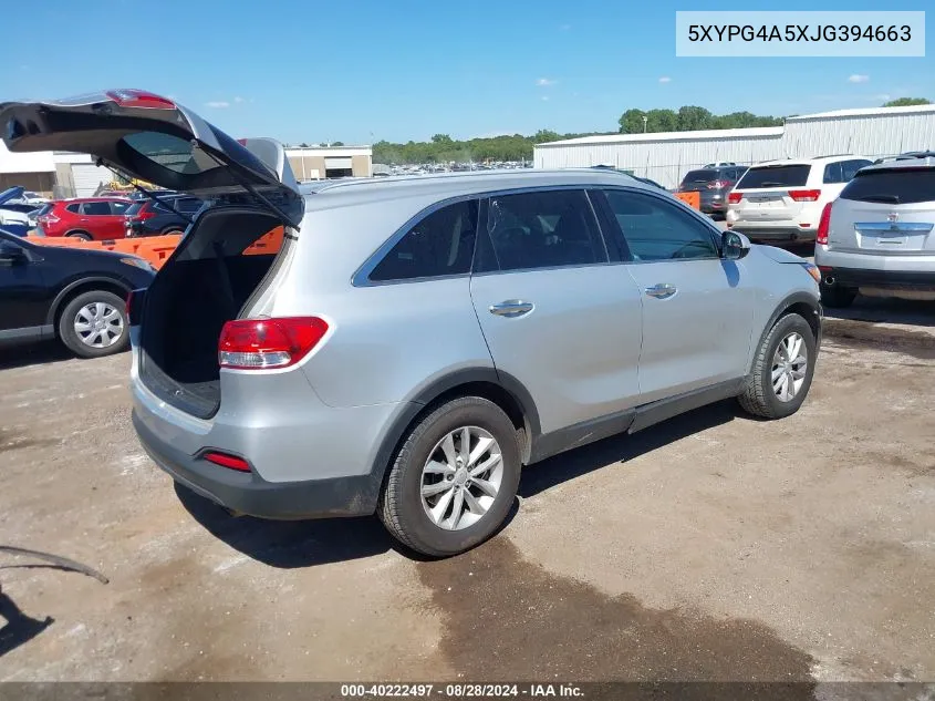 2018 Kia Sorento 3.3L Lx VIN: 5XYPG4A5XJG394663 Lot: 40222497