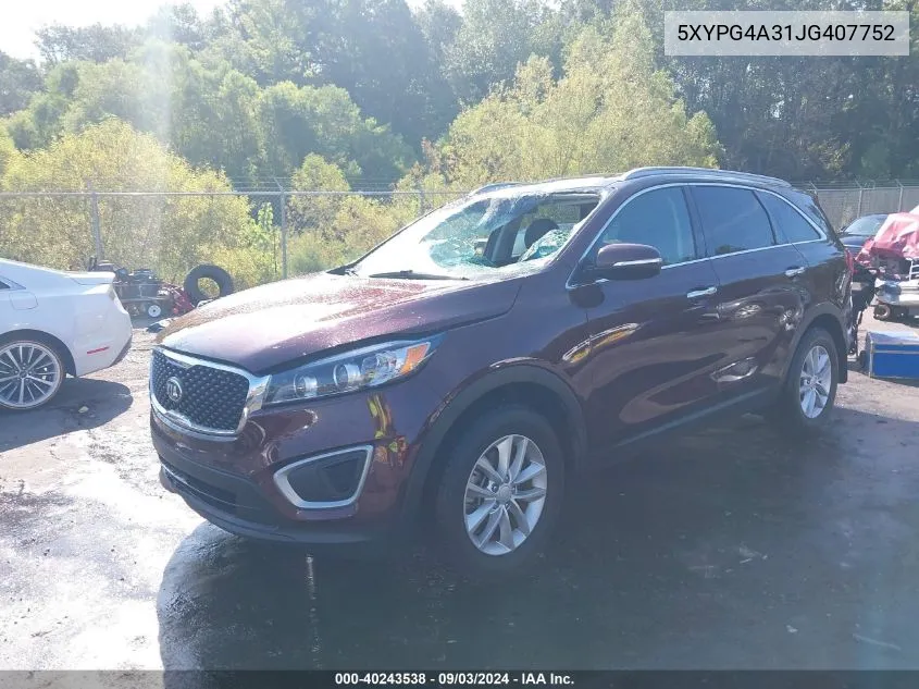 2018 Kia Sorento 2.4L Lx VIN: 5XYPG4A31JG407752 Lot: 40243538