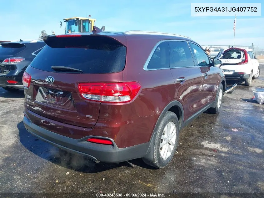 2018 Kia Sorento 2.4L Lx VIN: 5XYPG4A31JG407752 Lot: 40243538