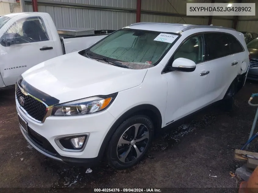 2018 Kia Sorento 3.3L Ex VIN: 5XYPHDA52JG428902 Lot: 40254376