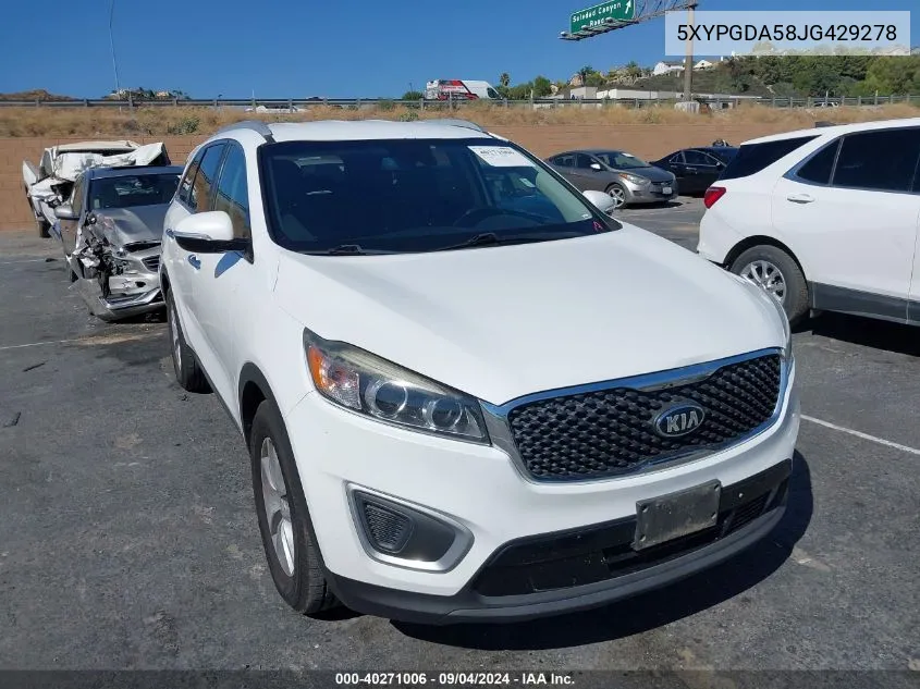 2018 Kia Sorento 3.3L Lx VIN: 5XYPGDA58JG429278 Lot: 40271006