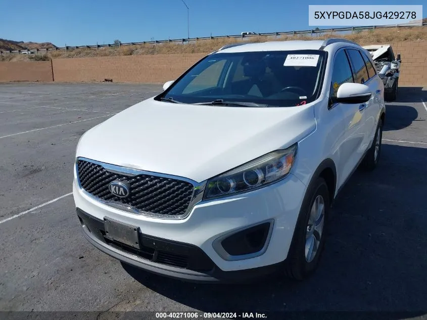 5XYPGDA58JG429278 2018 Kia Sorento 3.3L Lx