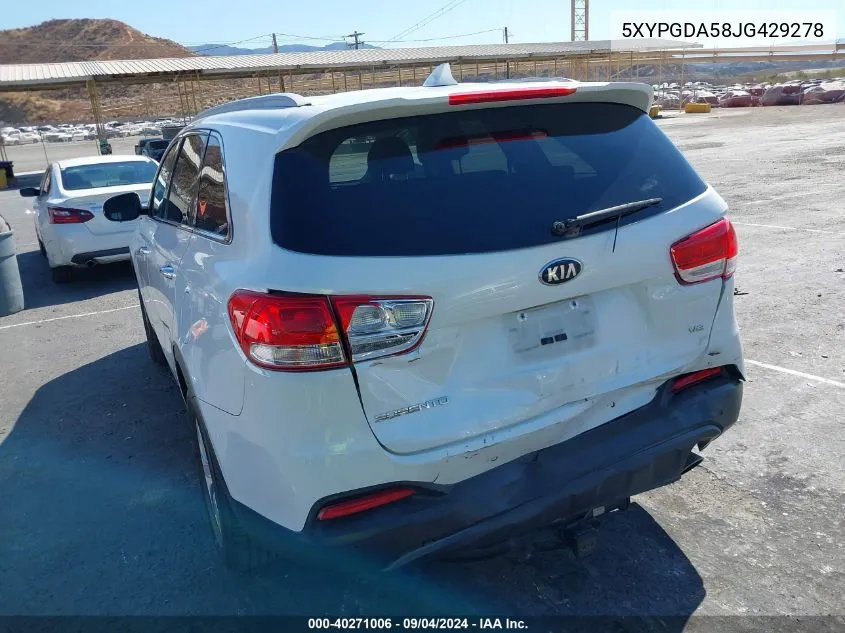 5XYPGDA58JG429278 2018 Kia Sorento 3.3L Lx