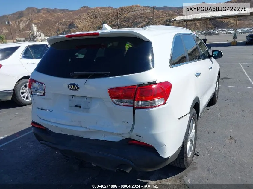 2018 Kia Sorento 3.3L Lx VIN: 5XYPGDA58JG429278 Lot: 40271006