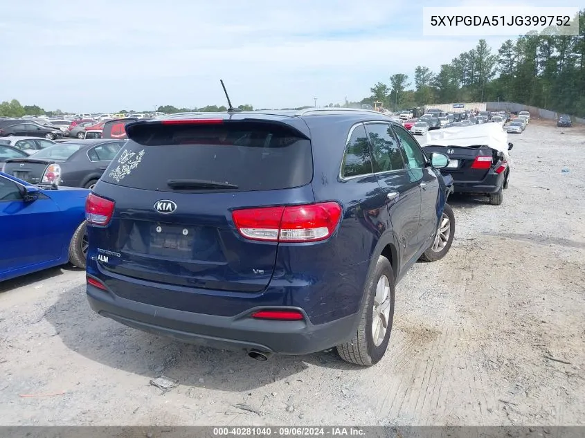 2018 Kia Sorento 3.3L Lx VIN: 5XYPGDA51JG399752 Lot: 40281040