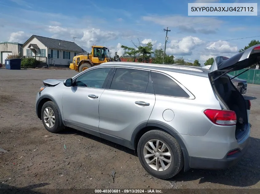 2018 Kia Sorento 2.4L Lx VIN: 5XYPGDA3XJG427112 Lot: 40303681