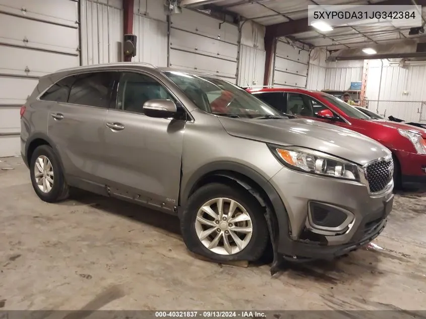 2018 Kia Sorento 2.4L Lx VIN: 5XYPGDA31JG342384 Lot: 40321837