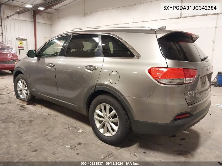 2018 Kia Sorento 2.4L Lx VIN: 5XYPGDA31JG342384 Lot: 40321837