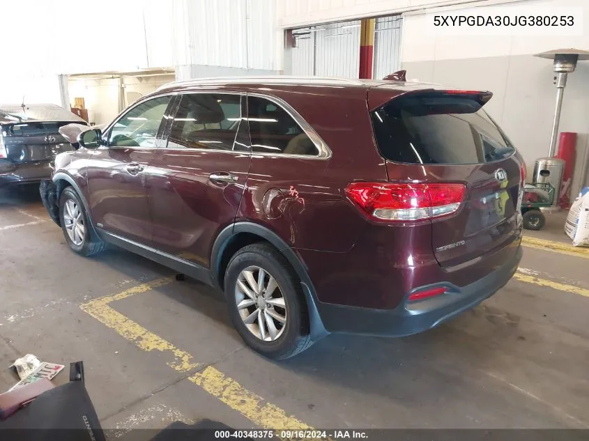 2018 Kia Sorento Lx/L VIN: 5XYPGDA30JG380253 Lot: 40348375