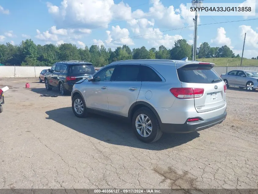 2018 Kia Sorento 2.4L Lx VIN: 5XYPG4A33JG413858 Lot: 40356127