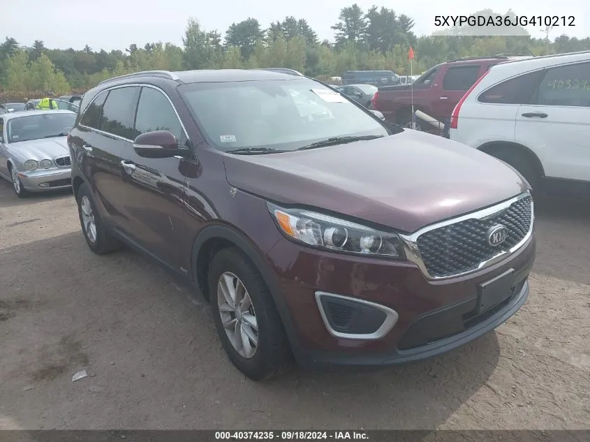 2018 Kia Sorento 2.4L Lx VIN: 5XYPGDA36JG410212 Lot: 40374235