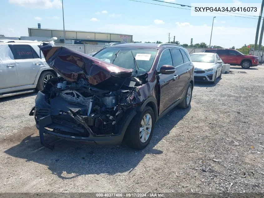 2018 Kia Sorento 2.4L Lx VIN: 5XYPG4A34JG416073 Lot: 40377486