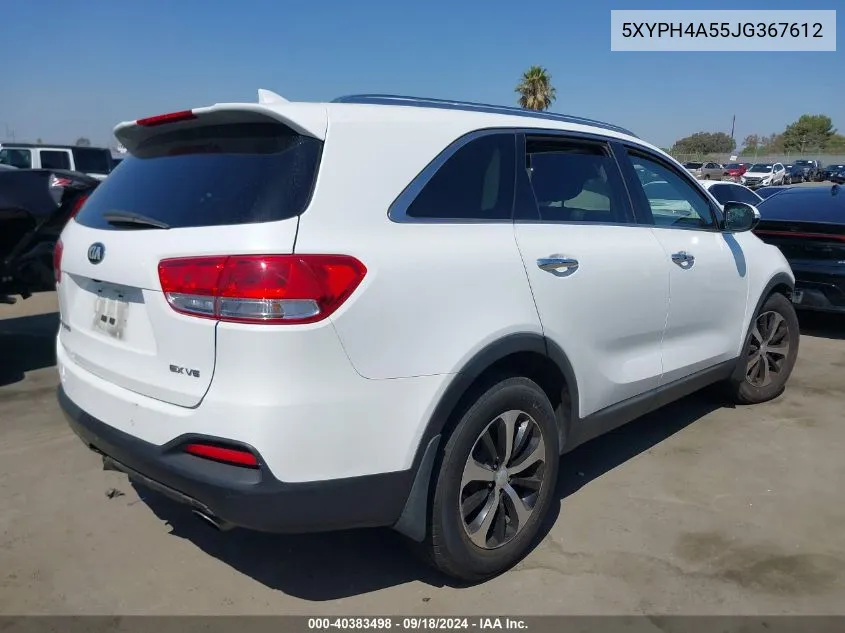 2018 Kia Sorento 3.3L Ex VIN: 5XYPH4A55JG367612 Lot: 40383498