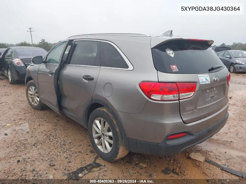 2018 Kia Sorento 2.4L Lx VIN: 5XYPGDA38JG430364 Lot: 40400363