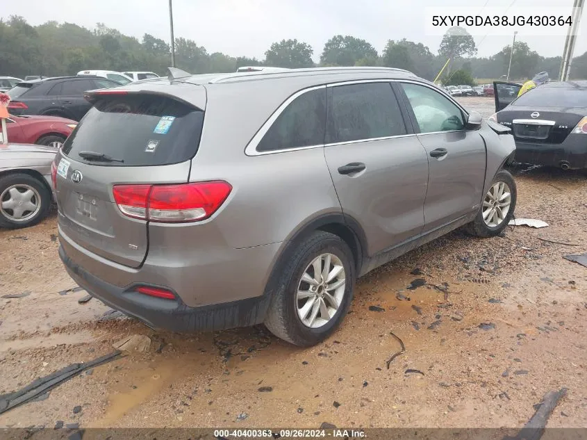 2018 Kia Sorento 2.4L Lx VIN: 5XYPGDA38JG430364 Lot: 40400363