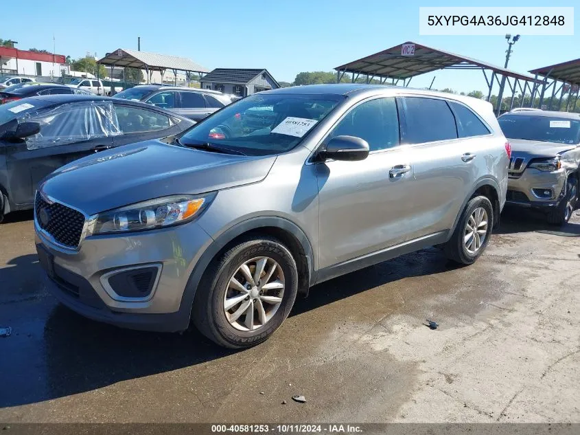 2018 Kia Sorento 2.4L L VIN: 5XYPG4A36JG412848 Lot: 40581253